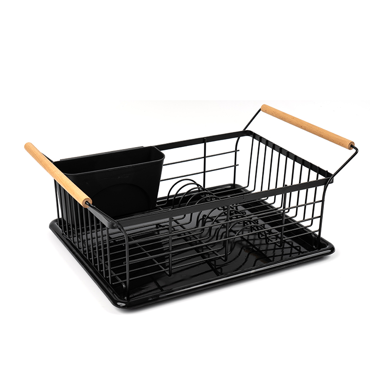 Kulhojen ja lautasten kuivausteline puisella kahvalla