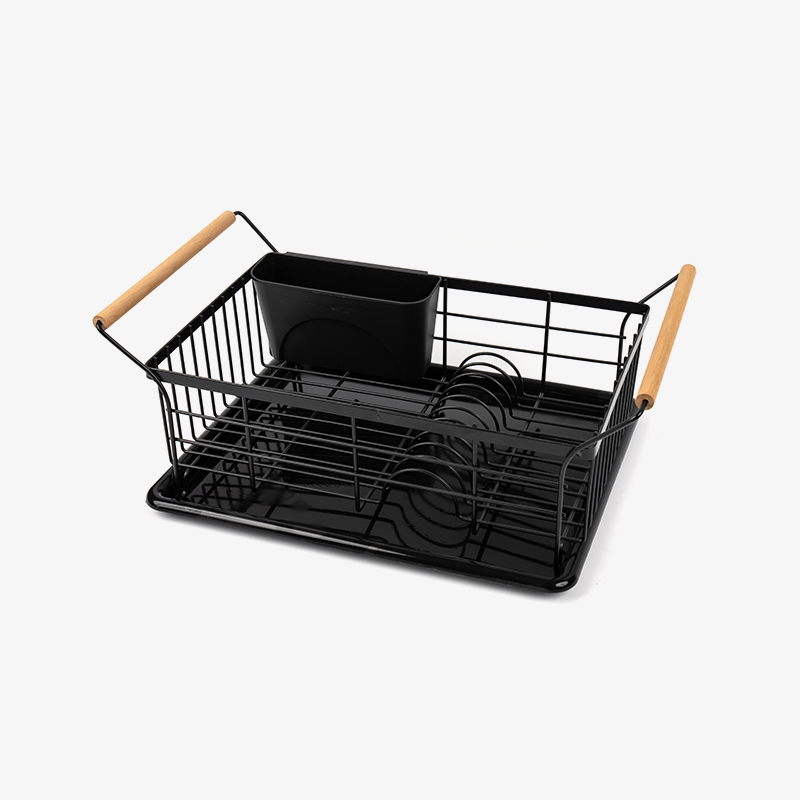 Kulhojen ja lautasten kuivausteline puisella kahvalla