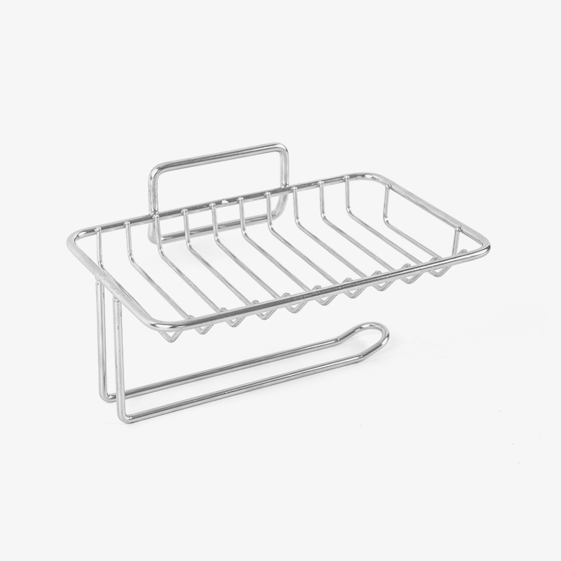 Keraaminen saippua-astia, jossa itsetyhjennys ja ruostumattomasta teräksestä valmistettu teline