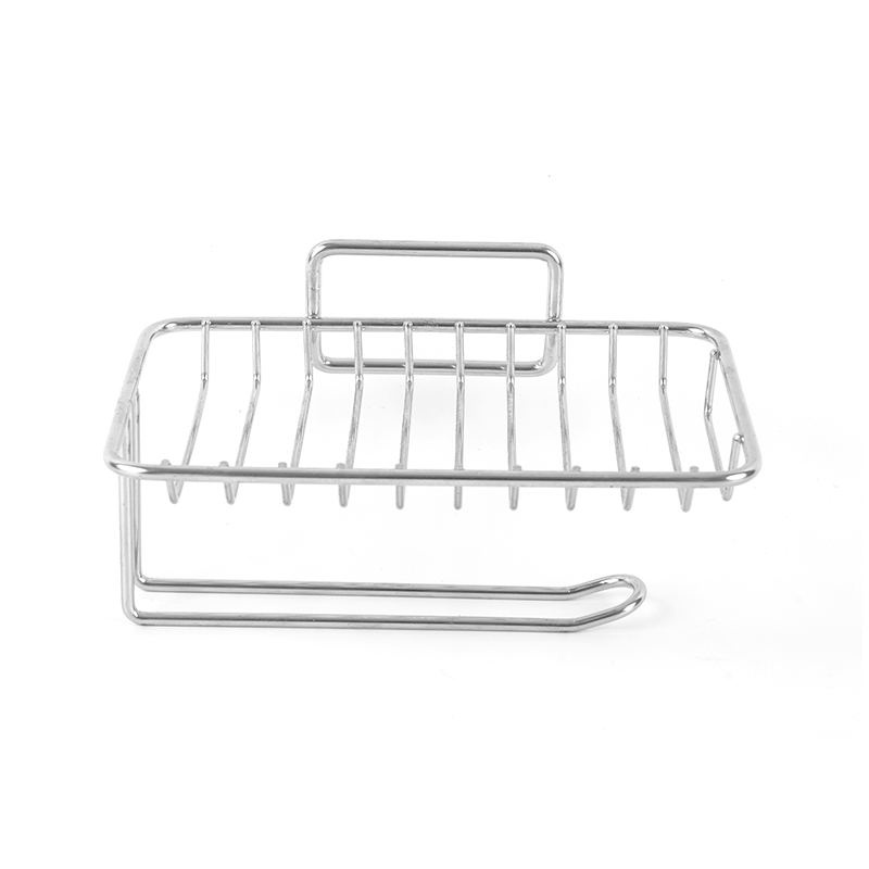 Keraaminen saippua-astia, jossa itsetyhjennys ja ruostumattomasta teräksestä valmistettu teline