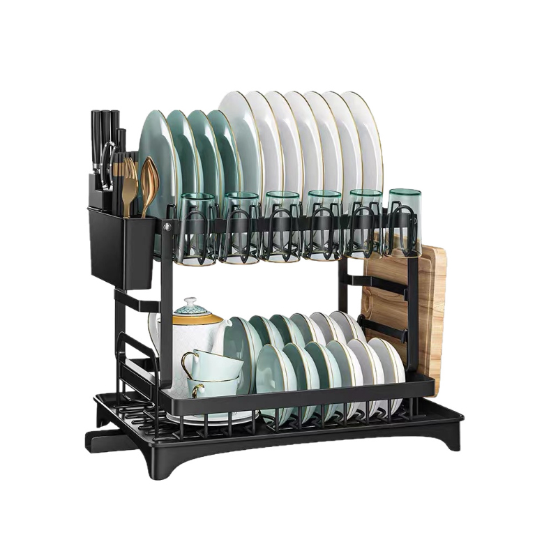 2-kerroksinen ruostumattomasta teräksestä valmistettu astiankuivausteline, jossa viemäröintilauta